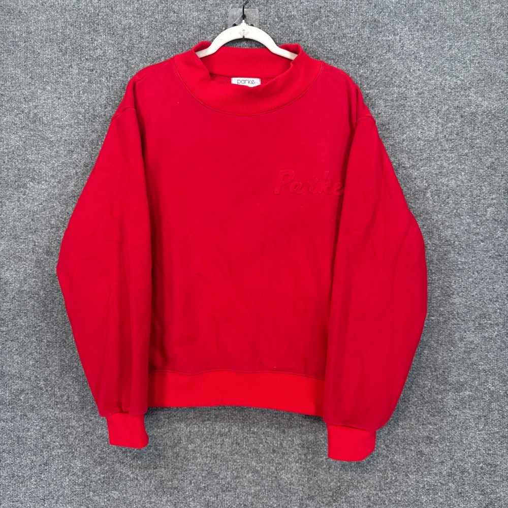 Parke Sweatshirt Women L/XL Red Embossed Logo Fleece Pullover Mockneck